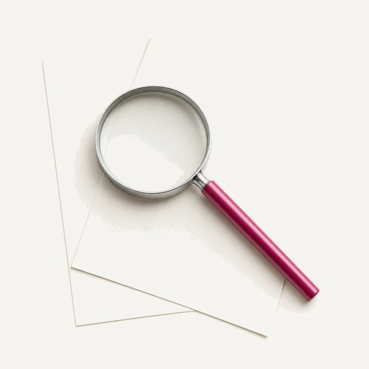A reading magnifier with a magenta handle resting on two blank sheets of paper.