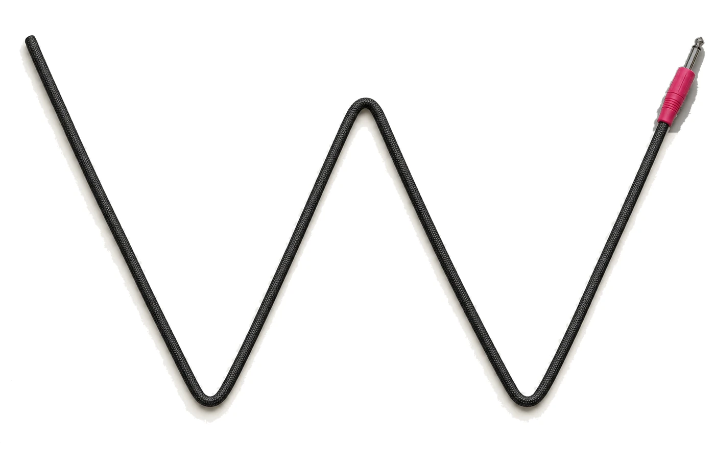 A coiled black instrument cable arranged into the letter W, ending in a magenta jack plug.