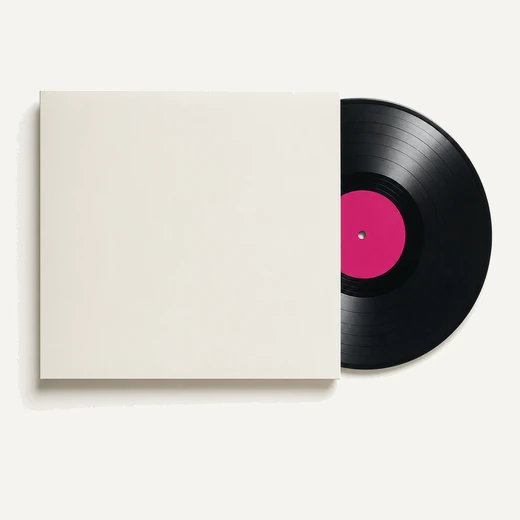 A black vinyl record sliding out of a plain sleeve, its centre label blank magenta.