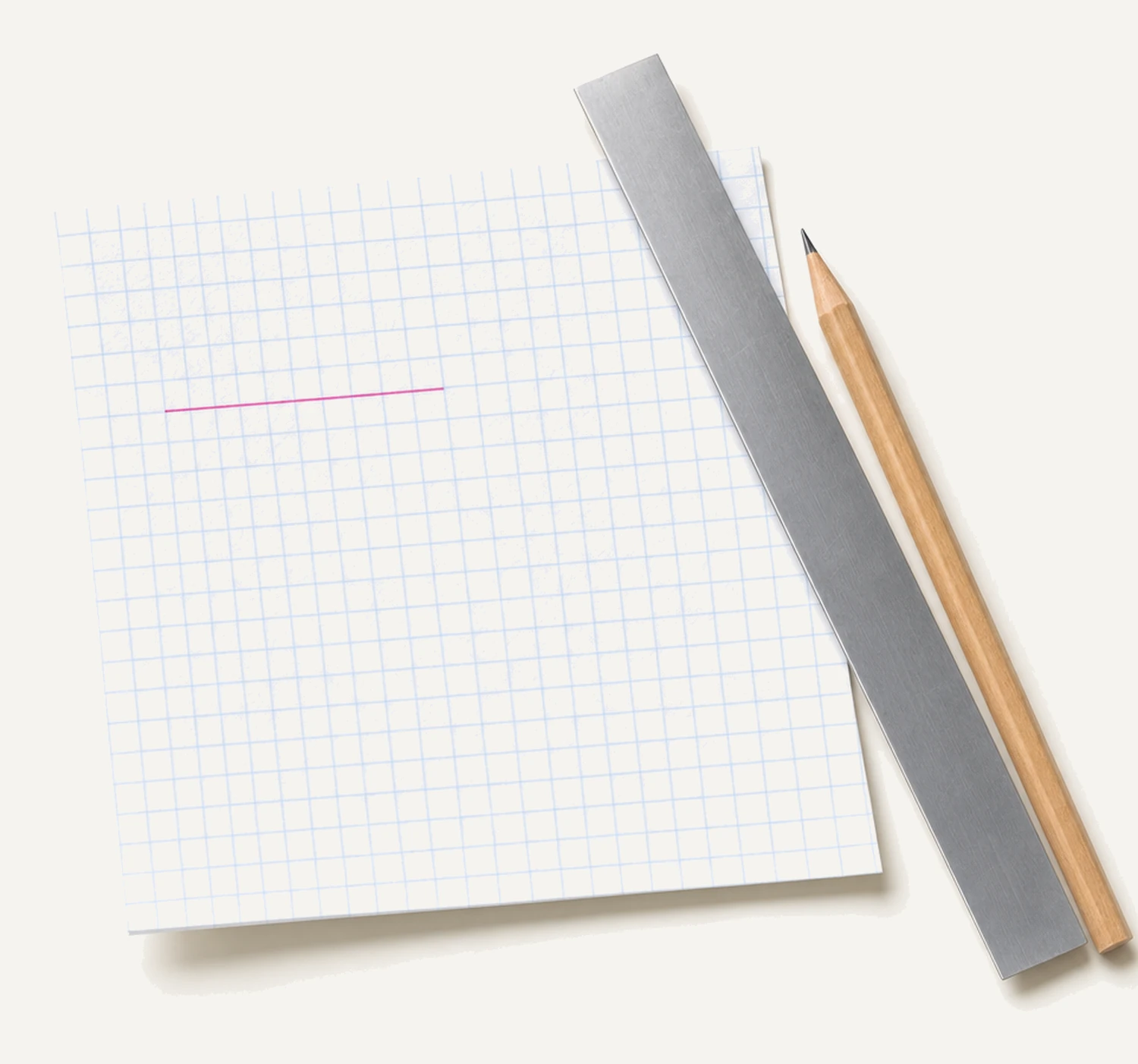 A slim unmarked steel ruler lying diagonally across a sheet of blank gridded graph paper with a sharpened pencil resting parallel to it, one grid run drawn over in magenta.