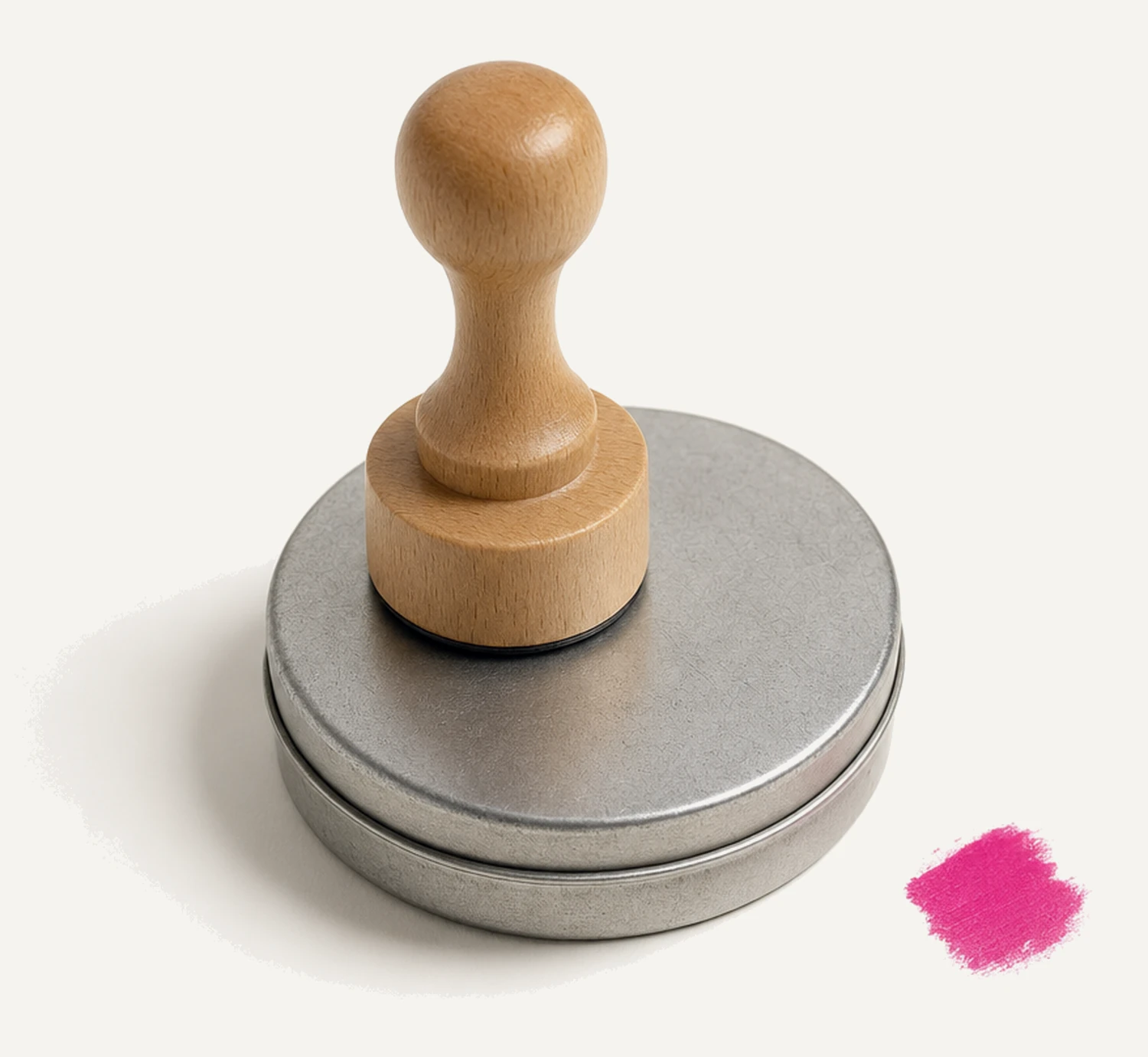 A small wooden-handled rubber date stamp standing on the closed lid of a metal ink tin, with a smear of magenta ink on the paper beside it.