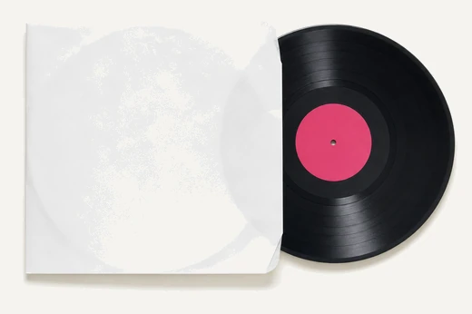 A black twelve inch record pulled most of the way out of a blank white inner sleeve, its centre label a flat magenta circle.